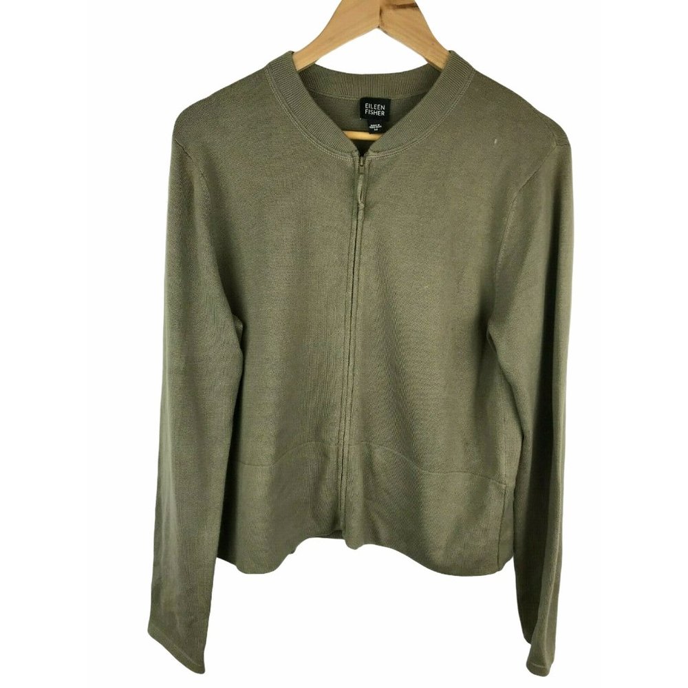 Eileen Fisher Sweater Jacket Zip Cardigan Jacket Women's Medium Olive Green